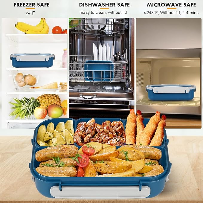 Yumuk Bento Box, Lunch Box Kids, 1300ML Adult with 4 Compartment &Food Picks &Cake Cups, Containers for Adults/Kids/Toddler, Leak-Proof, Microwave/Dishwasher/Freezer Safe(Blue)
