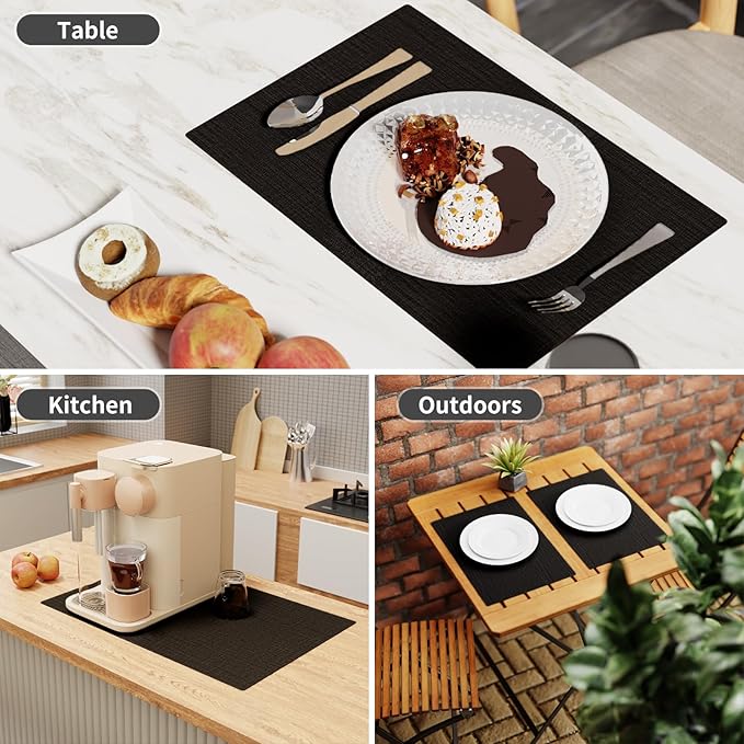 Cloth Placemats, Set of 4 Heat-Resistant Cotton Linen Blend Double Layered Machine Washable Place Mats, Wrinkle Free Thick Fabric Dining Table Mats for Indoors & Outdoors (Black, 4)