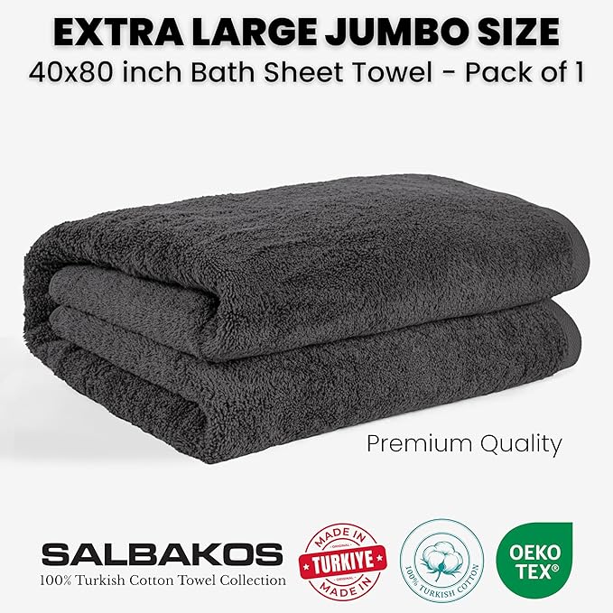 SALBAKOS Luxury 100% Turkish Cotton Bath Sheets 40x80 in Oversized Extra Large Bath Towels | Premium Hotel Quality Thick Soft Absorbent Turkish Towel for Spa Beach (Pack of 1, Gray, Jumbo Bath Sheet)