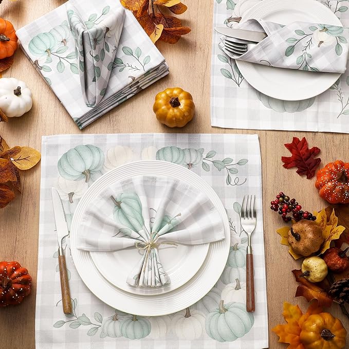 Funnymoom 24 Pcs Thanksgiving Blue White Pumpkin Cloth Napkins Pumpkin Eucalyptus Leaves Reusable Napkins 2 Styles Dinner Soft Absorbent Cloth for Fall Autumn Thanksgiving Party Favors