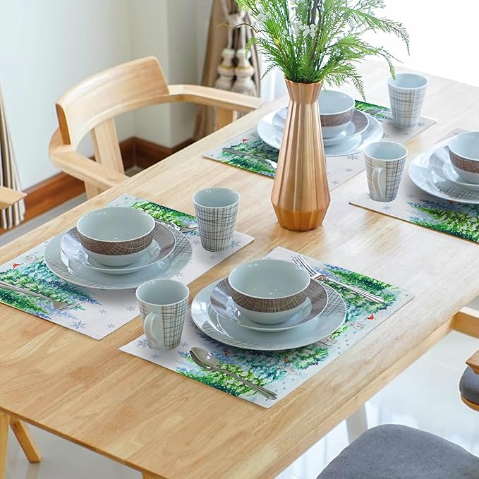 Watercolor Christmas Bears Place Mats - Winter Birds Placemats Set of 4 Snowflake Trees Art Table Mat for Indoor Outdoor Dining Decorations 12 x 18 Inch