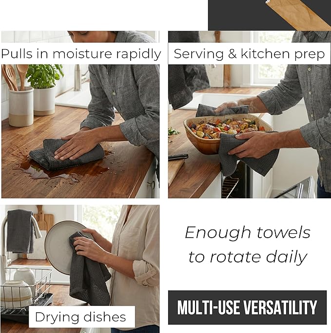 Highly Absorbent Cotton Dish Towels for Drying - Set of 6 Dark Gray Kitchen Towels - 18"X28" Lint Free Waffle Weave Cloth Linen Hand Bathroom Bulk Dishtowels