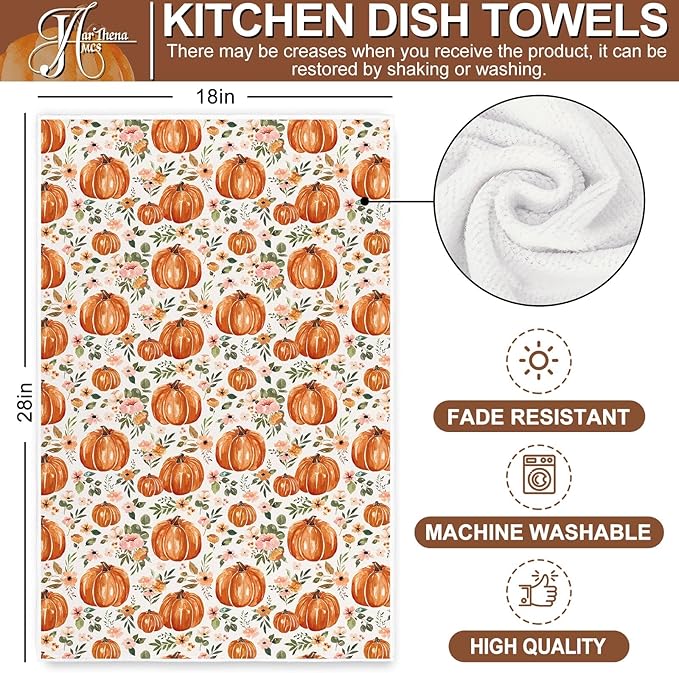 JarThenaAMCS Fall Kitchen Dish Towel 18 x 28 Inch Floral Pumpkin Dishcloth Rustic Autumn Farmhouse Hand Drying Tea Towel for Thanksgiving Cooking Baking, Set of 2