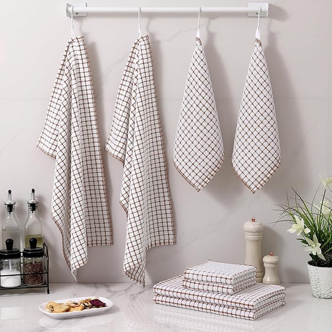 Homaxy Kitchen Towels and Dishcloths Set, 16 x 25 and 12 x 12 Inches, Set of 8 Cotton Terry Kitchen Dish Towels, Super Soft and Absorbent Dish Cloths, Brown