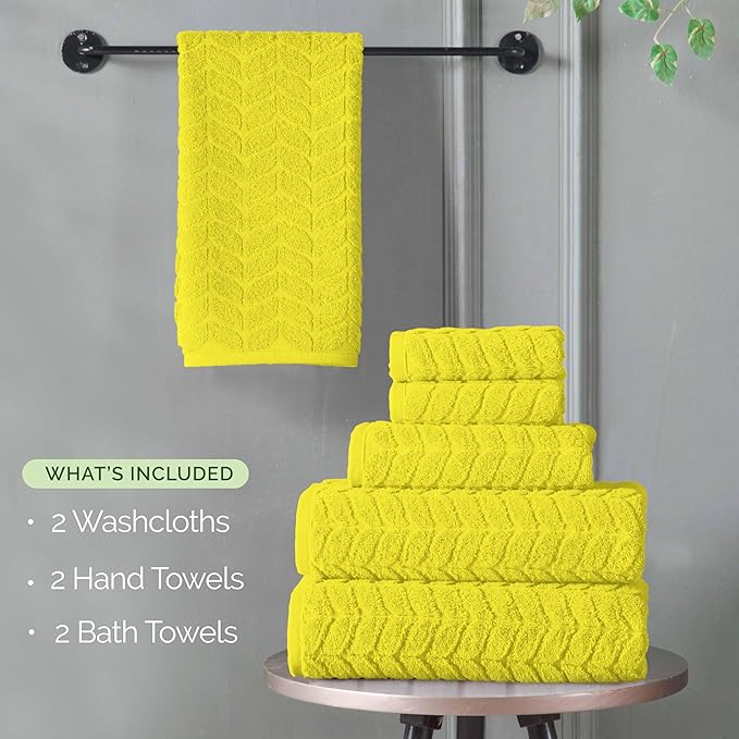 Elegant Comfort Luxury 6-Piece 100% Turkish Cotton Jacquard Braided Textured Premium Hotel Quality Towel Set– Soft and Absorbent, Includes 2 Bath Towels, 2 Hand Towels and 2 Washcloths, Yellow