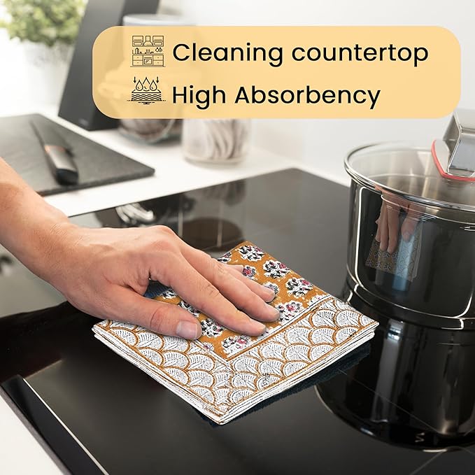 CPC Citrine Yellow Hand Block Print Waffle Kitchen Towel Set of 3-16 x 28 Inch Ultra Absorbent Quick Dry Cotton Dish Towels Lightweight Reusable Sustainable Tea Towels for Cleaning and Drying