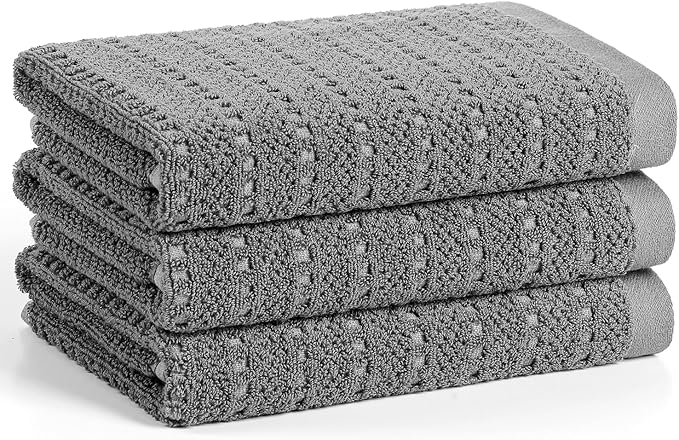 SALAS Kitchen Dish Towels, Bulk Cotton Kitchen Hand Towels, 390 GMS Plaid Dish Cloths Rags for Drying Dishes with Hanging Loop, 16‘’ x 26‘’, 3 Packs, Grey