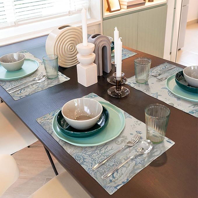 Nautical Coastal Placemats 12x18 Inch Set of 4, Turtle Coral Starfish Seashell Ocean Themed Table Place Mat Beach Coastal Washable Table Mats Decorative Linen Fabric Table Mat for Dining Table