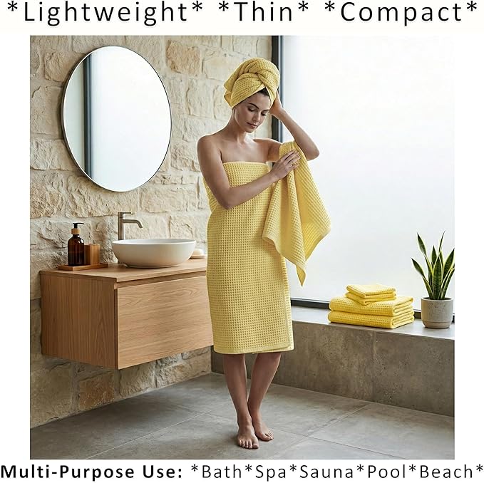 PÜSKÜL Natural 100% Turkish Cotton Waffle Bath Towels Set of 2-Piece | 32x63 Extra Large Absorbent Quick-Dry Lightweight Spa Towel | Decorative Guest Bathroom Towel (Yellow Bath Towels - Pack of 2)