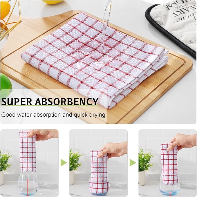 Homaxy 100% Cotton Kitchen Towels 8 Pack-15 X 25 Inches, Check Design Waffle Weave Hand Tea Towels, Super Soft and Absorbent Dish Towel for Drying Dishes, Red
