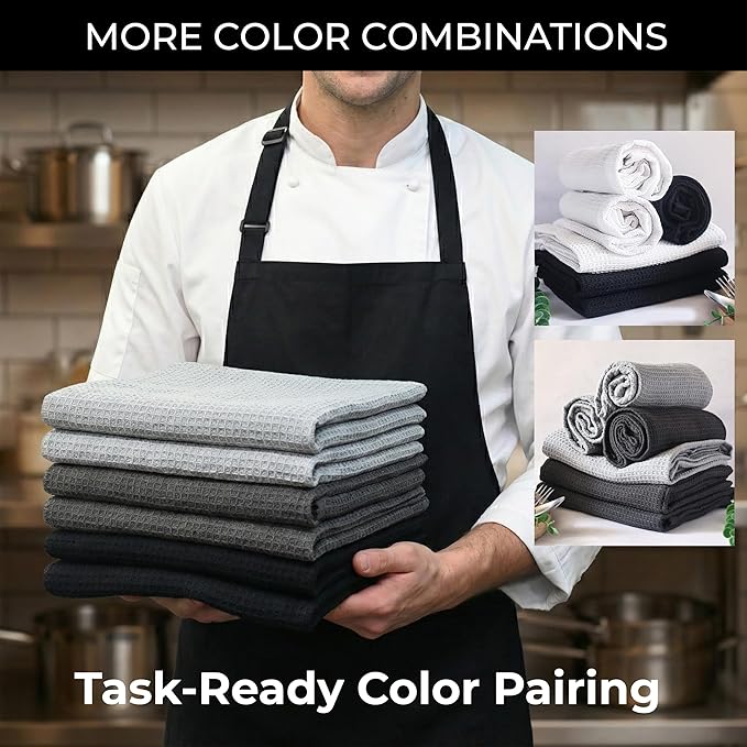 Highly Absorbent Cotton Dish Towels for Drying - Set of 2+2+2 - Light Gray + Dark Gray + Black Kitchen Towels - 18"X28" Lint Free Waffle Weave Cloth Linen Hand Bathroom Bulk Dishtowels