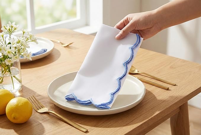 PurpleEssences Scalloped Embroidery Cloth Napkins - Spring Easter Summer - Table Decor - 100% Cotton - Set of 4-18x18 inch - White - Edges - Light Blue