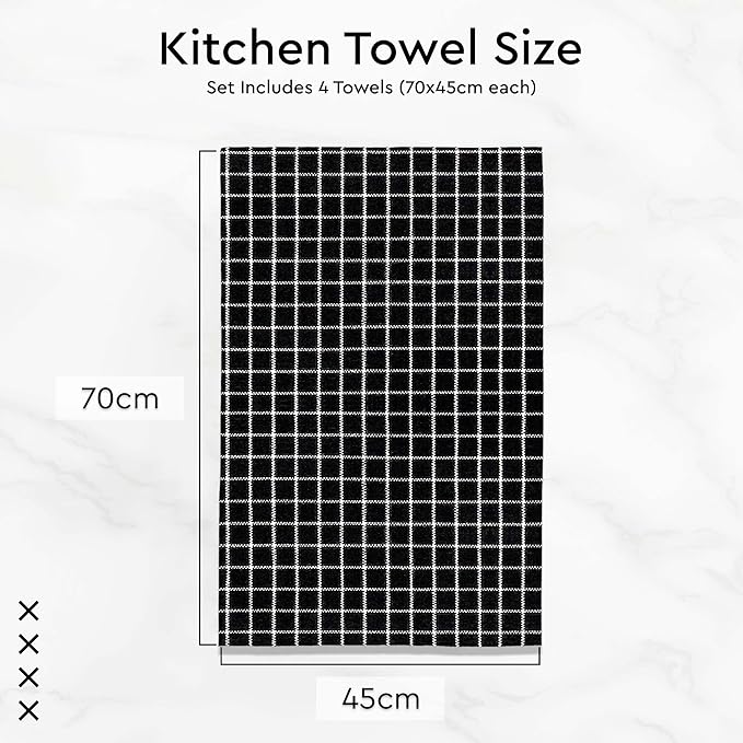 Encasa XO Cotton Kitchen Towel Set | Hand and Tea Cloth for Cleaning & Quick Drying, X-Large 28"x18" (Pack of 12) Highly Absorbent - Butcher Black