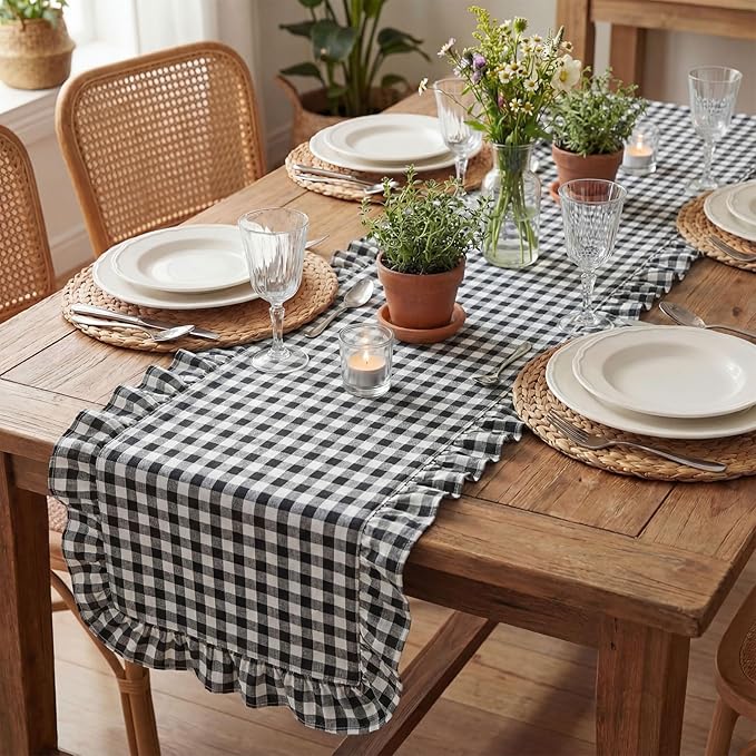 HunnmingRe 1 Pcs White and Black Plaid Gingham Ruffle Table Runner 118 x 13.8'' Farmhouse Buffalo Table Runner 100% Cotton Scalloped Long Dresser Scarves for Dining Room, Kitchen Rustic Home Decor