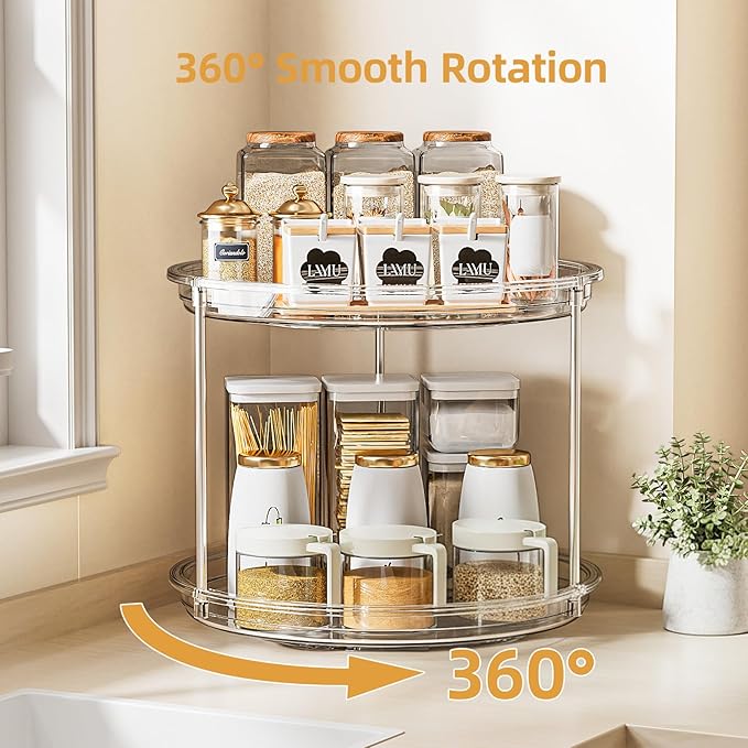 LAMU 2 Tier Lazy Susan Turntable Organizer for Cabinet, 9'' Rotating Spice Rack for Kitchen, Pantry, Countertop, Bathroom, Vanity, Under Sink, Medicine Cabinet Organizer, 1 Pack