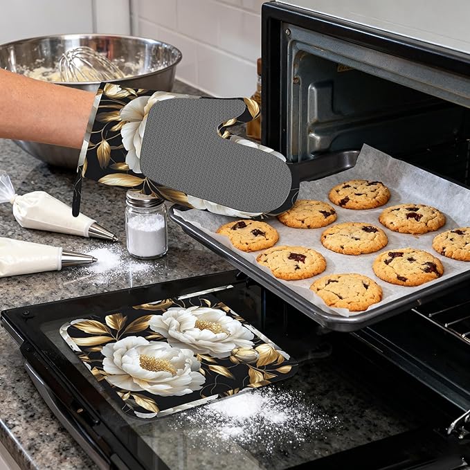 White Flowers Oven Mitts and Pot Holders (4PCS),Glitter Blooming Heat Resistant Non-Slip Silicone Kitchen Gloves for Cooking, Baking, BBQ Waterproof Kitchen Accessories