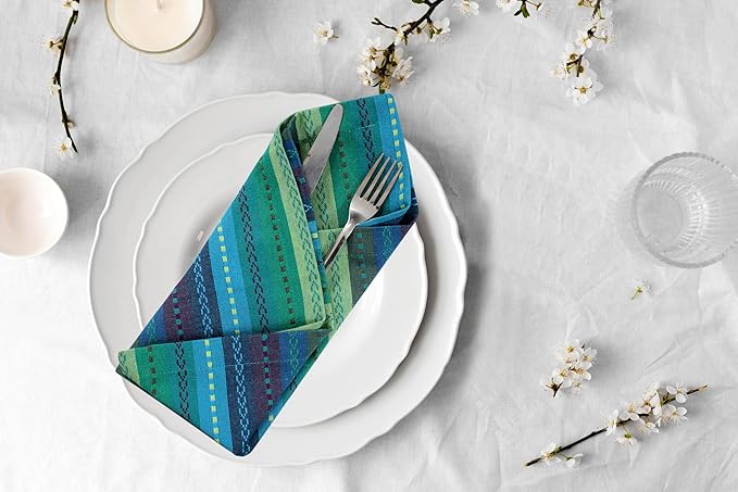 ACCENTHOME 100% Cotton Salsa Stripe Napkin Set of 12 18x18 inch Blue/Teal Multicolour Dinner Napkins - Washable Soft Premium Hotel Quality Napkins Perfect Table Linen for Family Dinners Weddings