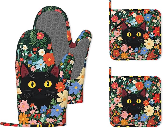 Funny Black Cat Heat-Resistant Silicone Oven Mitts and Pot Holders 4 Piece Set,Flower Field Extra Long Non-Slip Kitchen Oven Gloves for Cooking, Baking, BBQ,Grilling