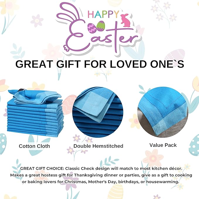 HOMIDATE Cotton Cloth Napkins Set of 12 – 20x20 Teal Blue Multi Double Hemstitched – Machine Washable Dinner Napkins for Weddings, Parties & Father’s Day Celebrations