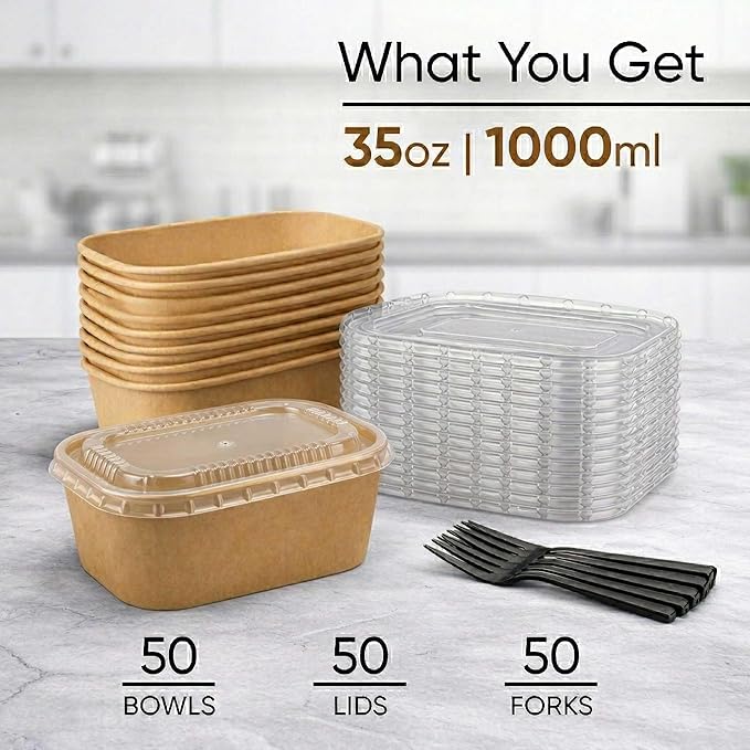 Leafiew 50 Pack 35Oz Disposable Meal Prep Containers With Lids - Microwave and Freezer Safe Kraft Paper Bowls with Lids and Forks - Disposable Food Containers - To Go Bowls for Food Prep and Salad