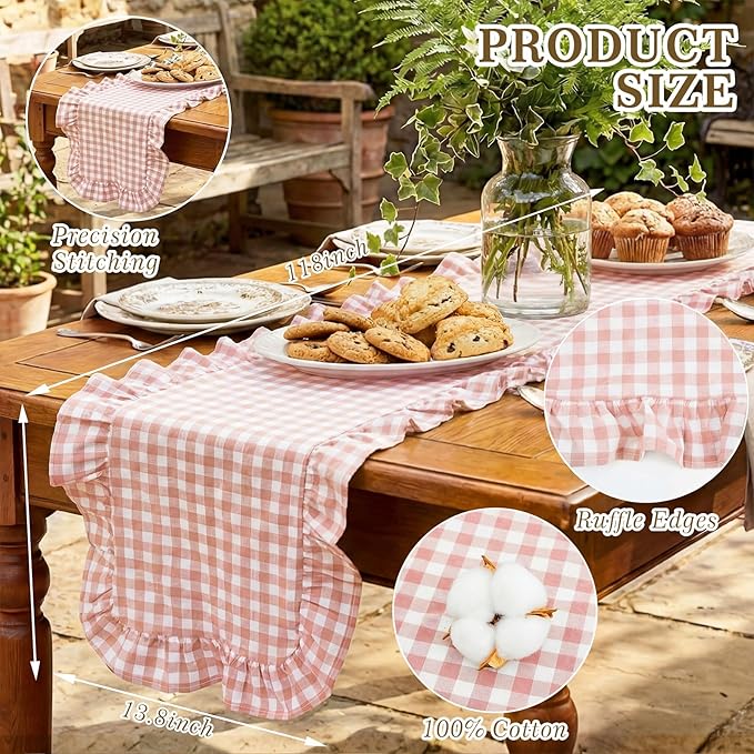 HunnmingRe 1 Pcs Light Pink Plaid Gingham Ruffle Table Runner 118 x 13.8'' Farmhouse Easter Table Runner 100% Cotton Scalloped Long Dresser Scarves for Dining Room, Wedding, Kitchen Rustic Home Decor
