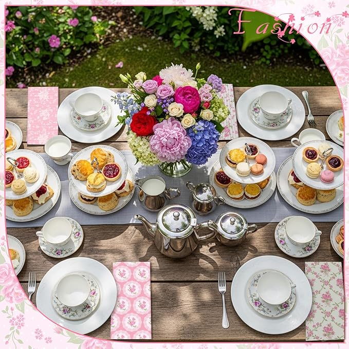 12 Pcs Floral Cloth Napkins 6 Patterns Washable Dinner Tea Party Napkins Reusable Plant Flowers Square Napkin Cotton Towel Decorative for Spring Wildflower Party (Pink Flowers)