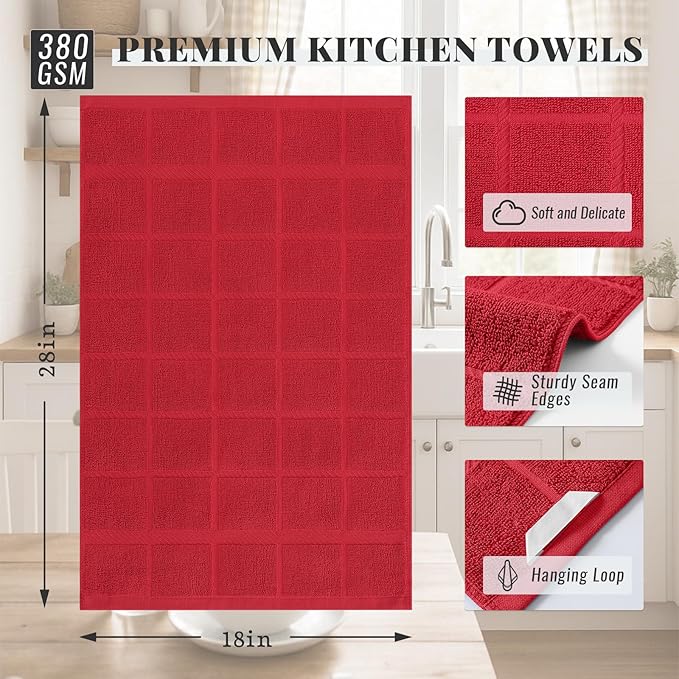 Homaxy Premium Kitchen Towels 18"x28", 8 Pack Large Cotton 380 GSM Dish Towels, Soft and Absorbent Kitchen Hand Towels with Terry Grid Design, Utility Tea Towel Set with Hanging Loop, Red