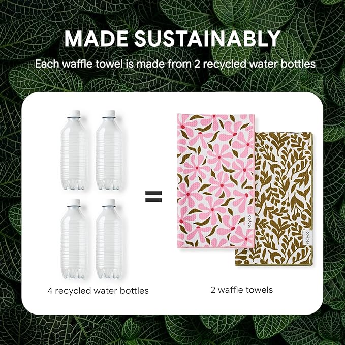 RECYCO Waffle Kitchen Towel Set of 2 - Quick Dry Microfiber Sustainable Dish Towels - Ultra Absorbent Reusable Cleaning Tea Towels - Lightweight Hand Towels,16”x 28”, Petal & Leaf