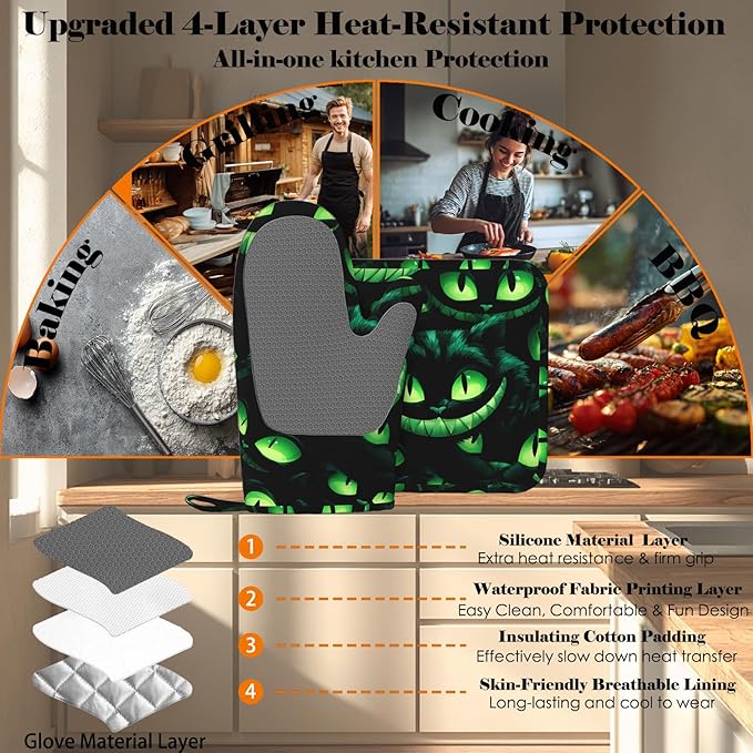 Halloween Ghost Face Heat-Resistant Oven Mitts and Pot Holder Smile Face Kitchen Non-Slip Silicone Cooking Microwave Gloves for BBQ Baking Grilling