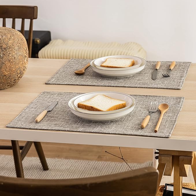 Kevin Textile Burlap Linen Placemats Set of 6 Heat Resistant Dining Table Place Mats Washable Kitchen Table Mats for Dinning Party Holiday Indoor Outdoor, 13 x19 inches, Sesame Grey
