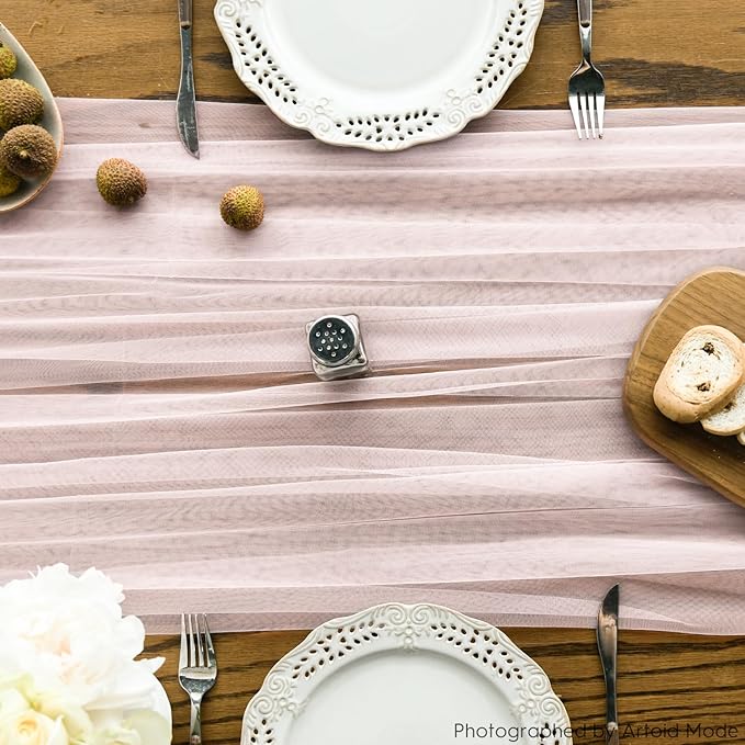 Artoid Mode 3PCS Blushing Pink Gauze Table Runner 120 Inch 10FT, Seasonal Sheer Kitchen Dining Holiday Wedding Birthday Baby Shower Table Decor for Home Party