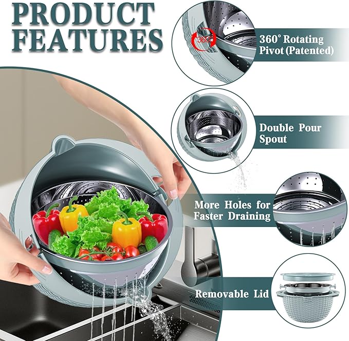 4-1 Colander with Bowl Set - Strainers for Kitchen(Patented), Food Strainers and Colanders, Pasta Strainer with New Upgraded Graters for Fruit, Veggie Washing, Aesthetic Cooking Present - Blue