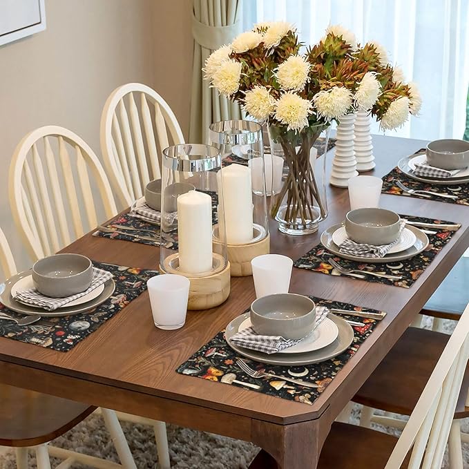 Black Mushroom and Butterfly Linen Placemats Set of 4, Heat Resistant Washable Table Mats for Kitchen Dining Table Party Holiday Outdoor Farmhous, Home Witchy Kitchen Decor, 12" x 18" Place Mats Black