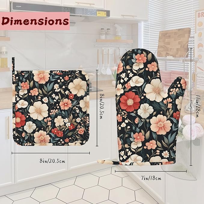Floral Boho Heat-Resistant Silicone Oven Mitts and Pot Holder 4 Piece Set,Pink Flower Non-Slip Kitchen Oven Gloves for Baking, BBQ, Cooking,Grilling