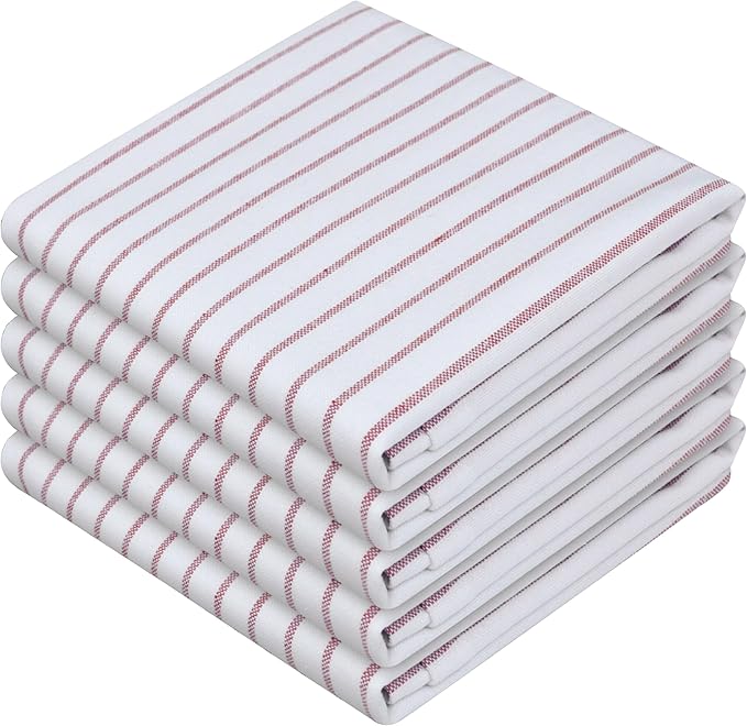 Burgundy Striped Kitchen Dish Towels (5-Pack), Quick Dry, Ultra Absorbent & Durable, 100% Cotton Classic Stripe Towels for Drying Dishes, Wiping, and Daily Kitchen Cleanup