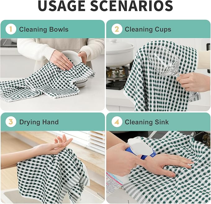 SALAS Cotton Dish Towels Cloths for Kitchen Drying Dishes, Lattice Terry Kitchen Towels, Highly Absorbent Cloths with Hanging Loop, 16‘’ x 26‘’, 4 Packs, Green and White