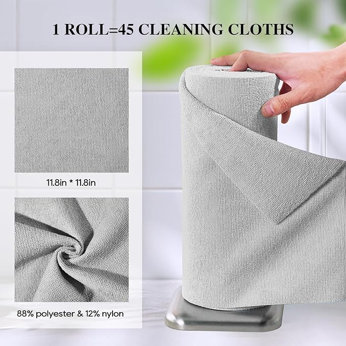 HONOVA Microfiber Cleaning Cloth Roll 45 Pack, Reusable Paper Towels Washable Roll, 12" x 12", Tear Away Microfiber Towels, Highly Absorbent, Lint Free Dish Rags for Kitchen, Window, Car, Shop(Grey)