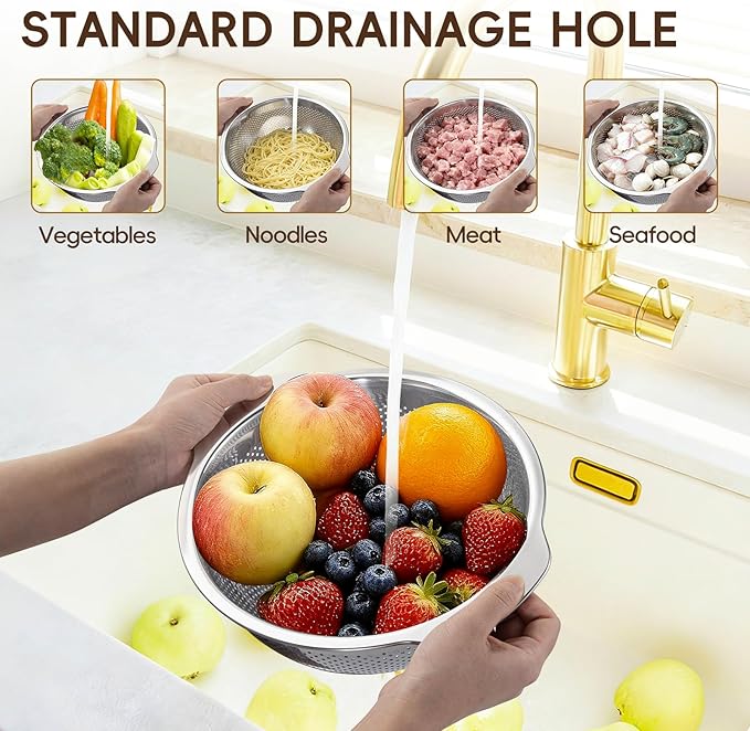 GOLDEN KEY 3Pcs Stainless Steel Colander Set for Kitchen - 3QT/4QT/5QT, Multi-Size Strainer for Draining Pasta, Washing Vegetables, Straining Hot Foods & Grease, Nesting Storage, Dishwasher Safe