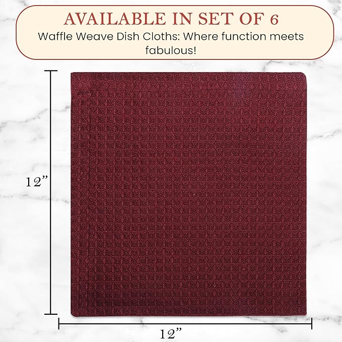 Vintage Vista 100% Cotton Waffle Dish Cloths (Pack of 6) - Dish Rags for Washing Dishes - Reusable & Highly Absorbent Kitchen Towels - Kitchen Rags fo Easter - (12" x 12" - Maroon)