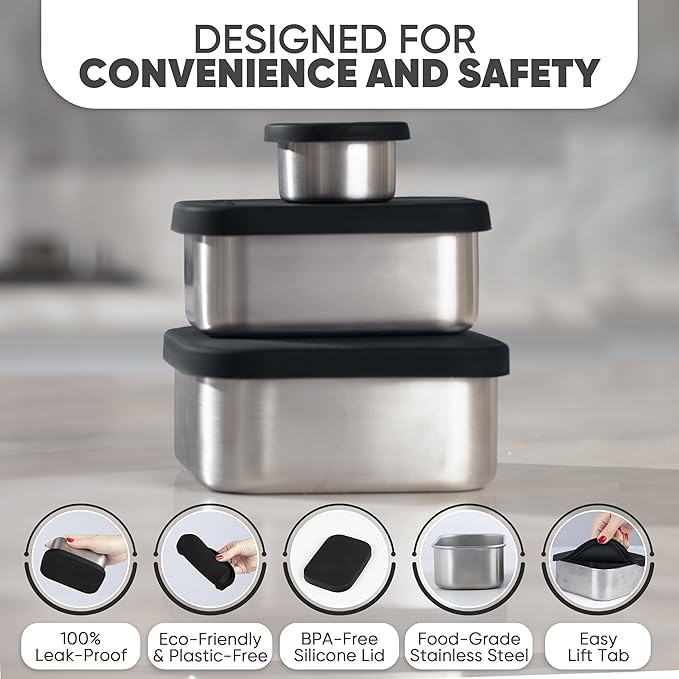 Modaniam Flexibento - Leak proof Stainless Steel Bento Box | Stainless steel Snack Containers | Food Containers with Silicone Lids | Metal Food Containers| Bentobox - Black, 52 Oz Set (set of 5)