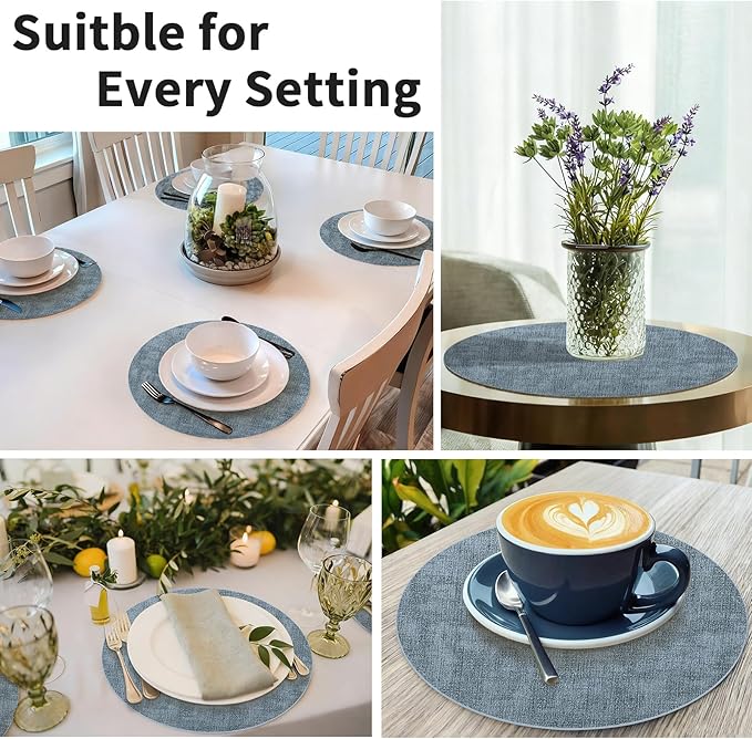 Maxpearl Round Placemats Set of 6, 13.8 inch Faux Leather Heat Resistant Table Mats, Non Slip Waterproof Wipeable Place Mats for Kitchen Dining Holiday Party Table Settings, Blue