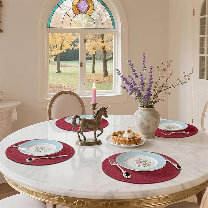 homing 15 Inch Round Cloth Placemats Set of 4, Cotton Linen Blend Washable Table Mats, Farmhouse Dining Place Mats for Indoors & Outdoors, Easy to Clean, Red