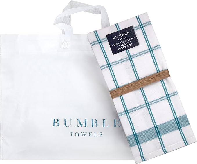 Premium Kitchen Towels (20”x 28”, 6 Pack) | Large Cotton Dish Towels | Flat & Terry Highly Absorbent Kitchen Linen Set with Hanging Loop | Teal Check