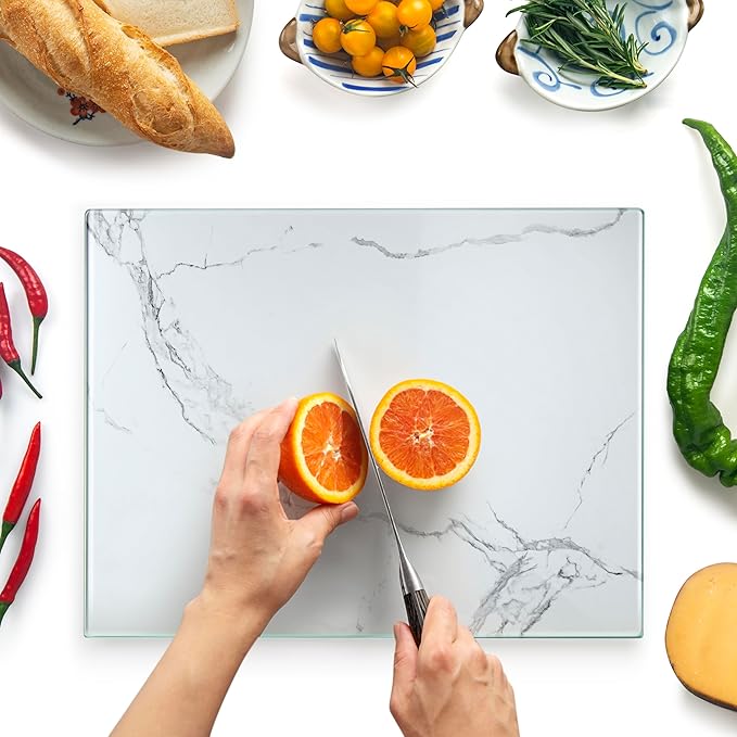 Kitchenville Glass Cutting Board 16"x12": Tempered Glass Kitchen Counter Protector - Durable- Scratch-Resistant, Heat-Proof - Design 2 - White Marble Effect