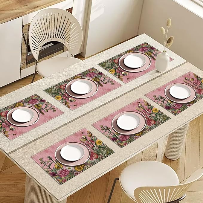 Vintage Wildflower Pink Wooden Placemats Set of 6, Washable Heat Resistant Table Mat Linen Place Mats for Party Kitchen Dining Home Decor 12x18 Inch