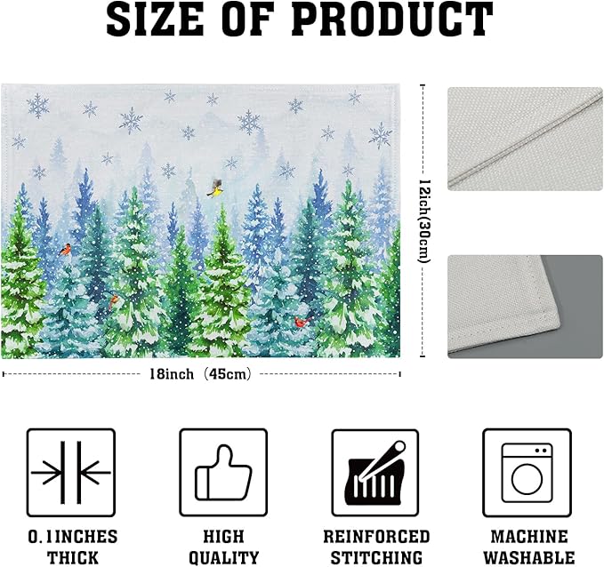 Watercolor Christmas Trees Place Mats - Welcome Winter Birds Placemats Set of 4 Snowflake Art Table Mat for Indoor Outdoor Dining Decorations 12 x 18 Inch