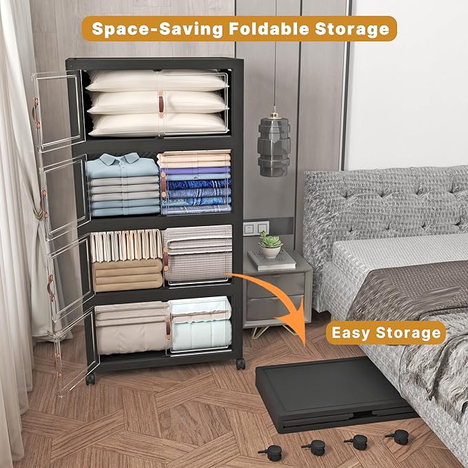 UAMFURI Stackable Storage Bins with Lids, 1400QT Closet Organizers and Storage with Doors and Wheels, Extra Large Storage Cabinet, Collapsible Plastic Drawers for Bedroom Kitchen Office Garage