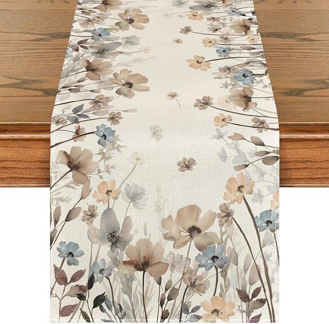 Artoid Mode Brown Poppy Flowers Floral Blossom Summer Table Runner, Fall Kitchen Dining Table Decoration for Home Party Decor 13x36 Inch