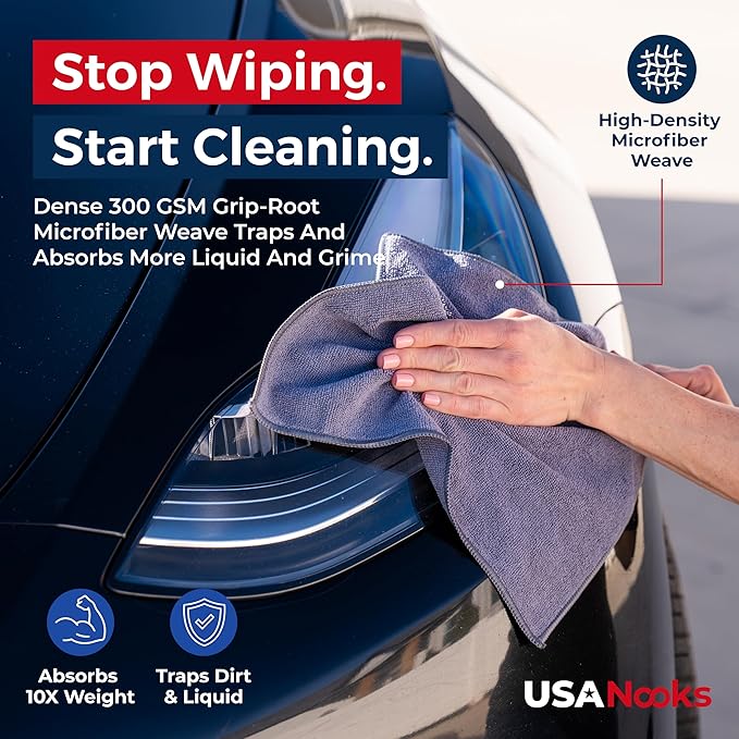 USANOOKS Microfiber Cleaning Cloth Grey - 12 Pcs (12.5"x12.5") - High Performance - 1200 Washes, Ultra Absorbent Microfiber Towel Weave Grime & Liquid for Streak-Free Mirror Shine - Car Washing Cloth