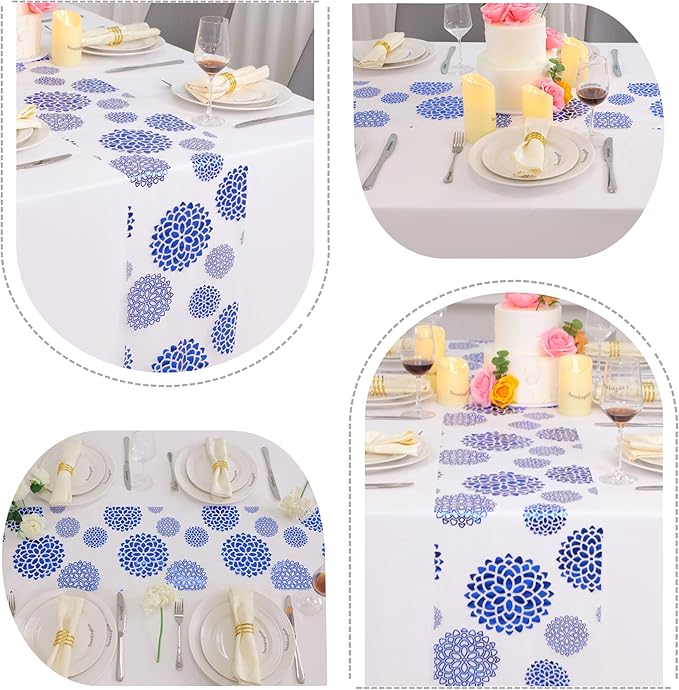 Snowkingdom Blue Dahlia Flowers Table Runner,Glitter Thin Foil Blue and White Dahlia Flowers Mesh Table Runner 11x120 Inch,Kitchen Dining Table Decor for Party Wedding Bridal Birthday Shower